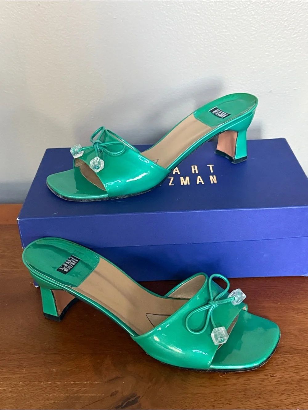 Stuart Weitzman Green Patent Bow Mule Heels